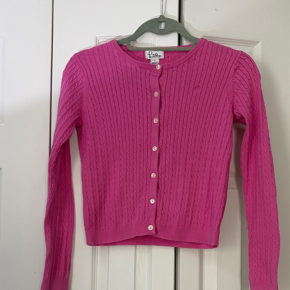 Lilly Pulitzer girls Fuchsia Cable Knit Cardigan size 14 long sleeve